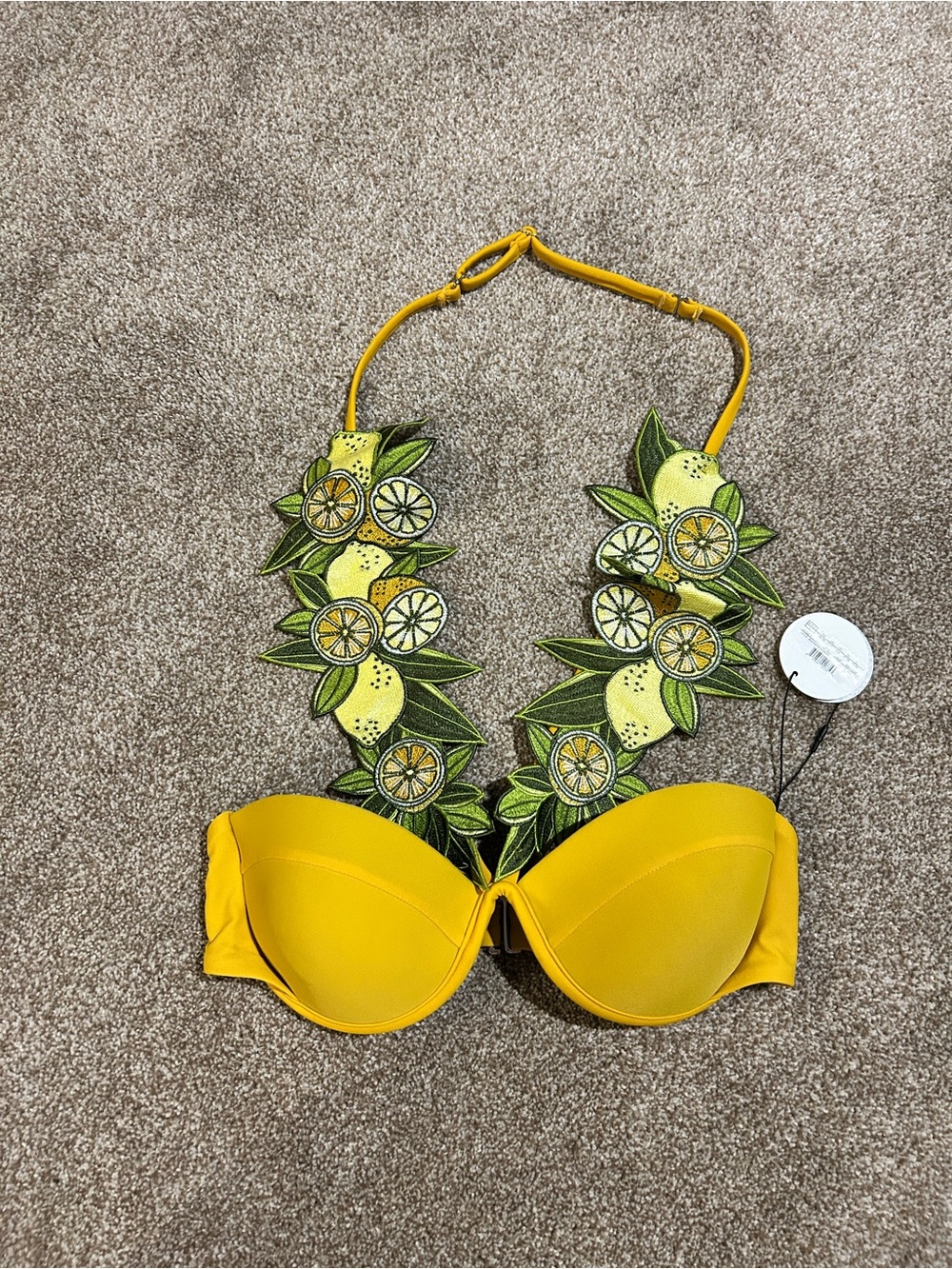 NWT Andrea Iyamah Yellow Citrus Embroidered Halter Bikini Top Small